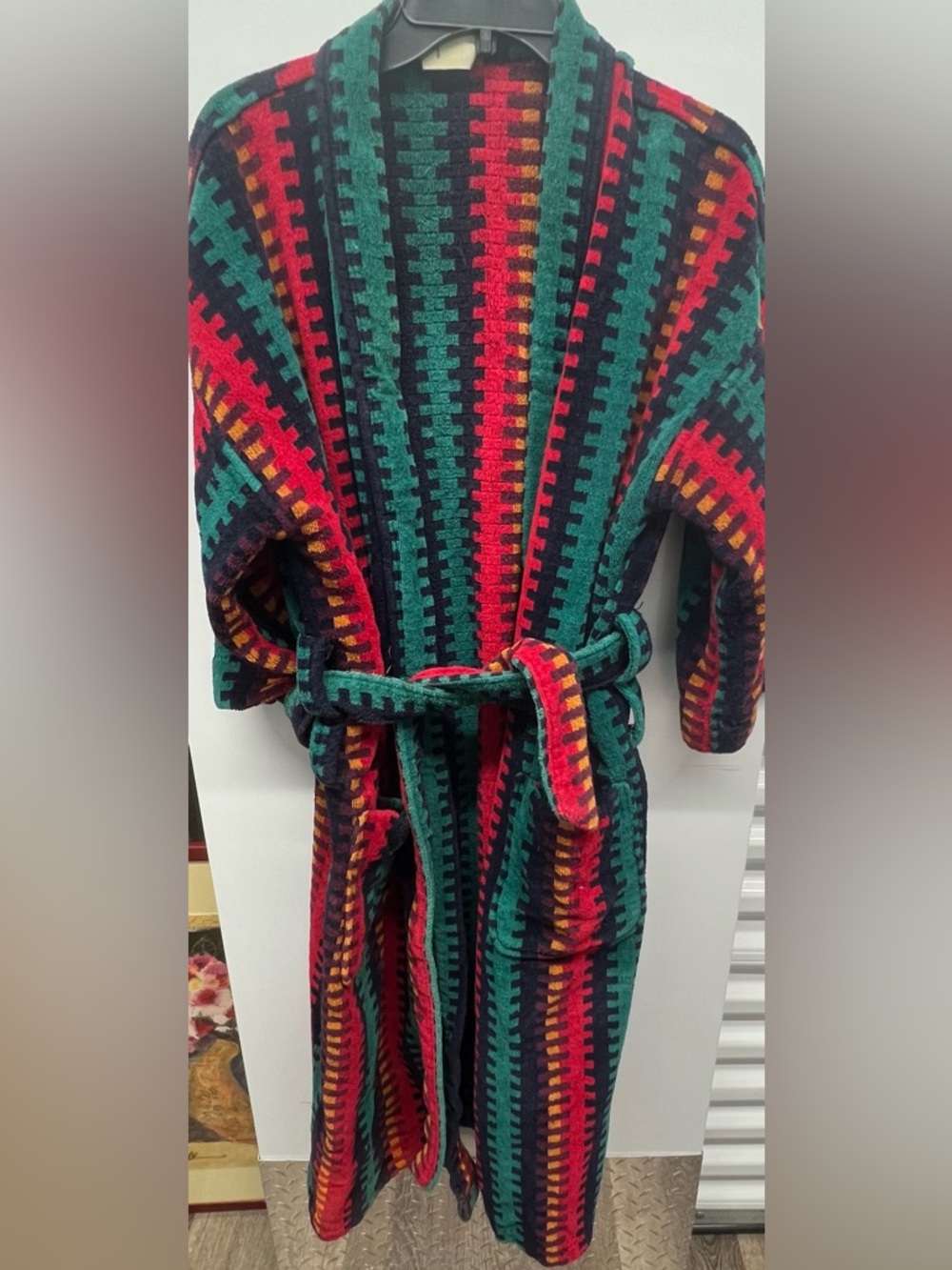 Vtg  Ash Creek Dad Robe One Size Terry Cloth Aztec Pockets Retro 80s Southwest